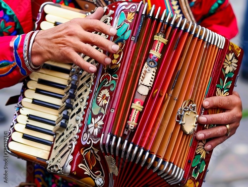 A person holding an accordion on a street. photo