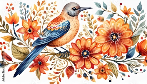 Folk art watercolor with a bird and flowers © Zaheer
