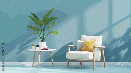 Cozy armchair with cushions and houseplant on coffee