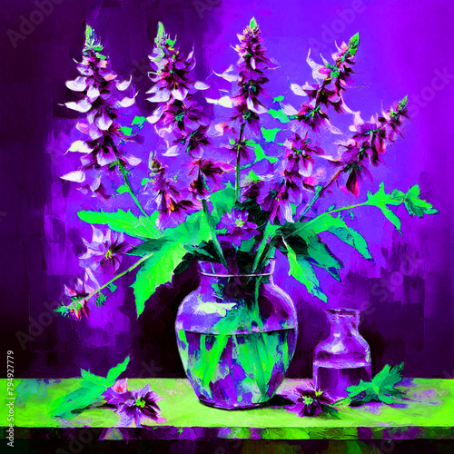 Floral colourful still life watercolour oil painting splash colour of borage flowers vase