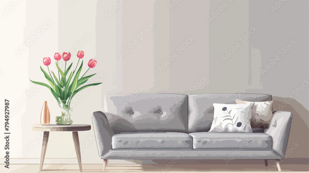 Cozy grey sofa and vase with tulip flowers on coffee