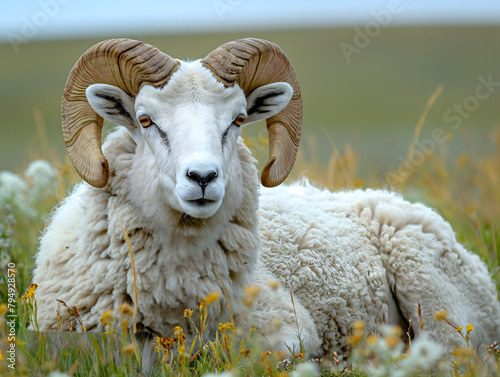 Close-up of horned ram, male sheep, isolated blurred background. © ZMD-Design