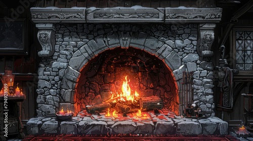 Cozy and detailed digital illustration of a blazing fireplace in a stony medieval setting photo