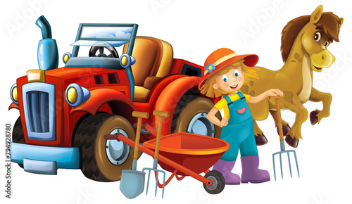 cartoon scene young girl near wheelbarrow and tractor car for different tasks farm animal horse pony stallion playing farming tools illustration for children