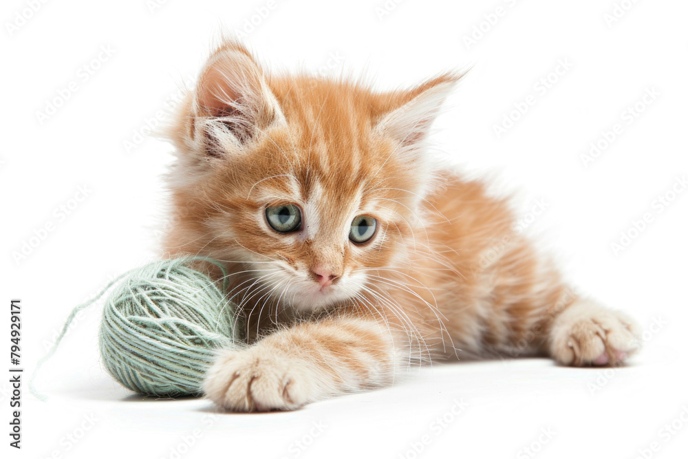 A small kitten playing with a ball of yarn