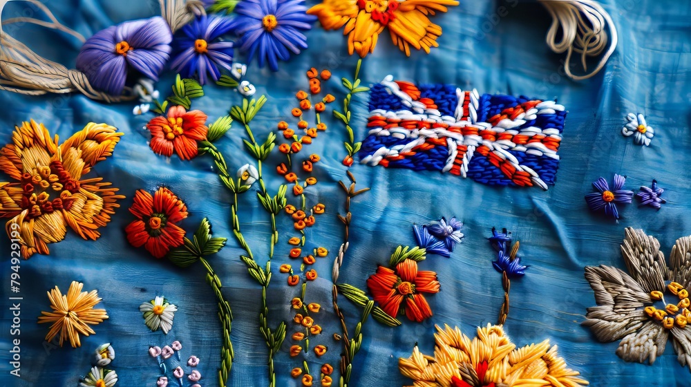 A blue cloth with flowers and a british flag. A blue cloth with flowers and a british flag.