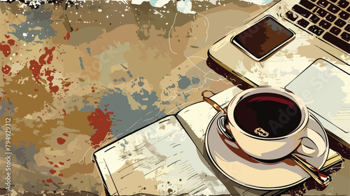 Cup of coffee with notebooks and laptop on grunge background