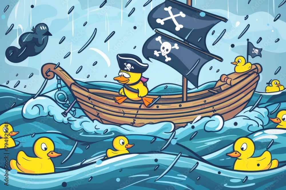 Cartoon cute doodles of a brave pirate duckling navigating stormy seas aboard a bathtub ship, with rubber ducks as crewmates, Generative AI