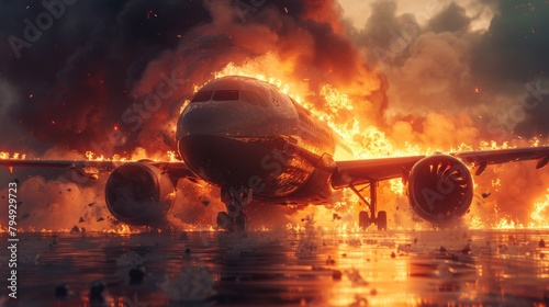 Cinematic scene of a burning airplane on a rainy airport tarmac with emergency responders and fiery explosions. photo