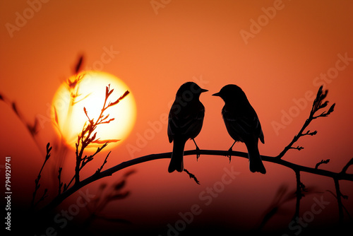 Bird Silhouettes Chatting at Sunrise