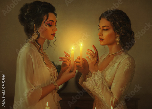 Art photo real people two women vintage old style clothes white dress. Fantasy Sexy girl fashion model in night dark room holding candles burning magic light. woman hand in drip blood keep a secret
