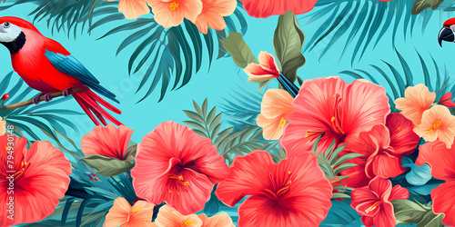 A seamless pattern of tropical flowers and birds