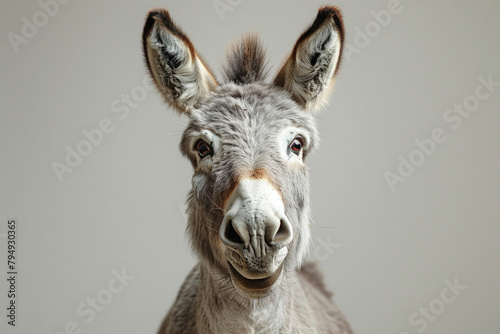 A grey donkey appearing to smile photo