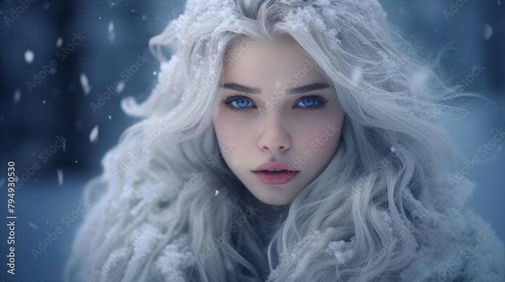 Portrait of a beautiful woman, blue eyes, long white hair, attractive, covered with snow in winter.
