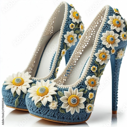 Beautiful women's shoes with high thin heel decorated with colored wool flowers, blunt toe, blue color, white flowers, white background photo