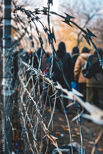 Barbed wire in refugee camp. Migrants behind chain link fence in camp. Group of people behind fence photo