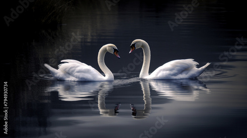 A pair of majestic swans gliding across a tranquil lake  their graceful movements mirrored in the still waters.