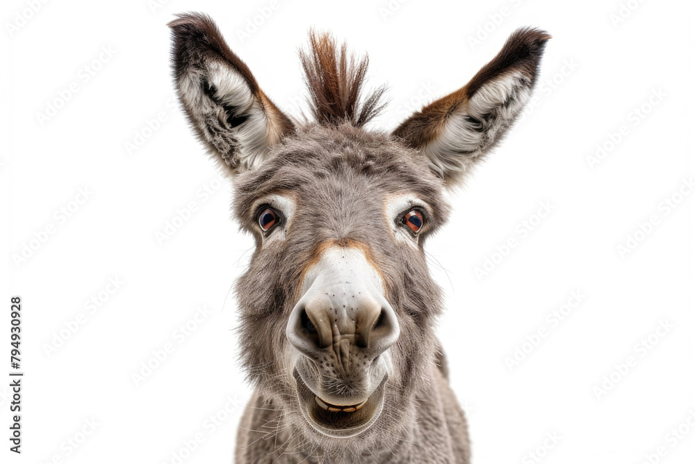 A grey donkey appearing to smile