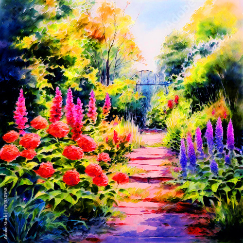 Floral colourful watercolour oil painting of garden splash colour of bergamot flowers