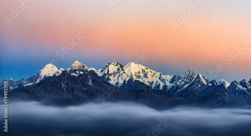 Panoramic view of the snowy mountains Annapurna Nature Reserve, trekking route, Nepal © soft_light