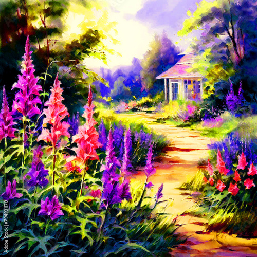 Floral colourful watercolour oil painting of garden splash colour of bellflowe flowers