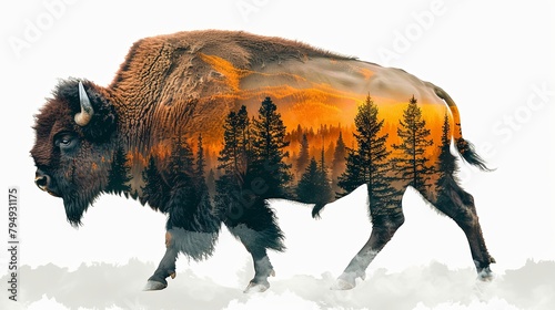 Graphic design of bison isolated on white double exposure with mountain landscape with forest