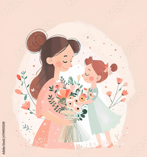 MOTHER AND DAUGHTER MOTHER'S DAY FLOWERS FAMILY ILLUSTRATION (ID: 794931509)