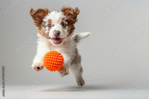 A playful puppy pouncing on a toy