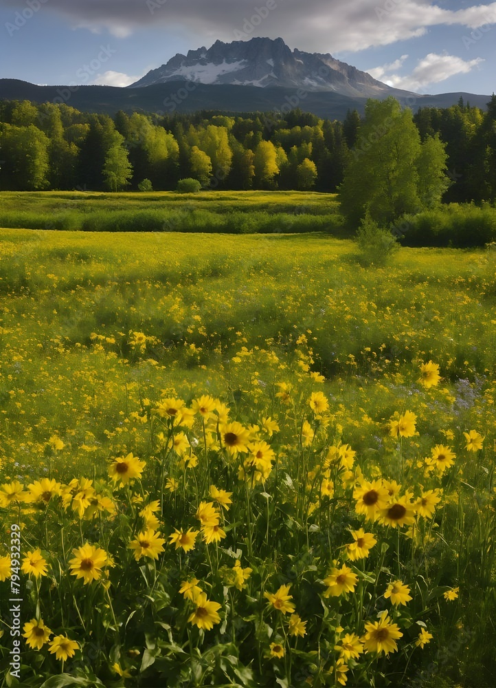 field of yellow flowers with a mountain in the background