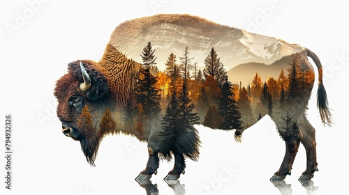 Graphic illustration of bison on a white background double exposure overlay with mountain landscape and forest photo