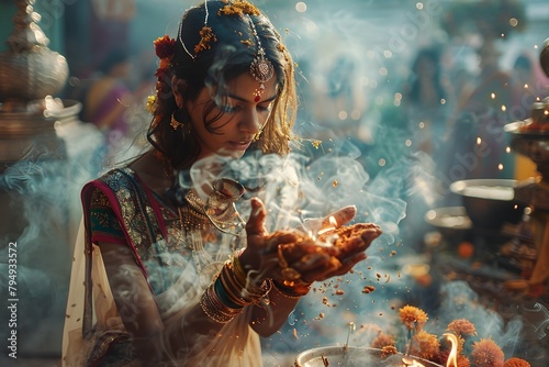 Mystical Seasonal Portrait of Woman Enveloped in Smoke and Flame During Captivating Ritual or Festival