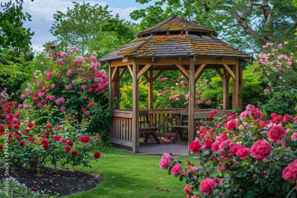 Naklejka premium Garden with wooden pavilion surrounded by blooming roses