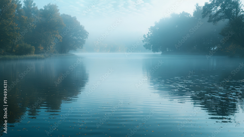 The water is calm and still, with a misty fog hovering over the trees The water is calm and still, with a misty fog hovering over the trees