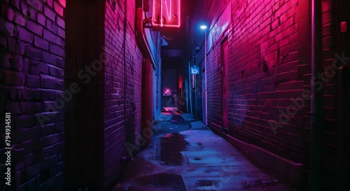 Dark urban alley with a single, colorful neon sign as a beacon of nightlife photo