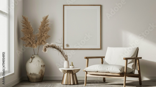 A white chair sits in front of a large white framed picture. The chair is positioned in front of a window  and a vase with dried flowers sits on a table in front of the chair