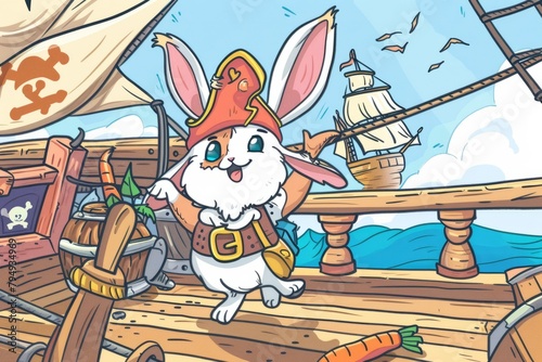 Cartoon cute doodles of a pirate bunny hopping across the deck of their ship, searching for carrots instead of gold doubloons, Generative AI photo