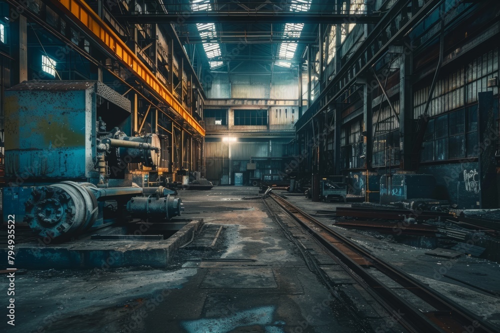 Abandoned machinery in a derelict factory - A haunting scene of an abandoned factory with rusty machinery and derelict infrastructure portraying decay