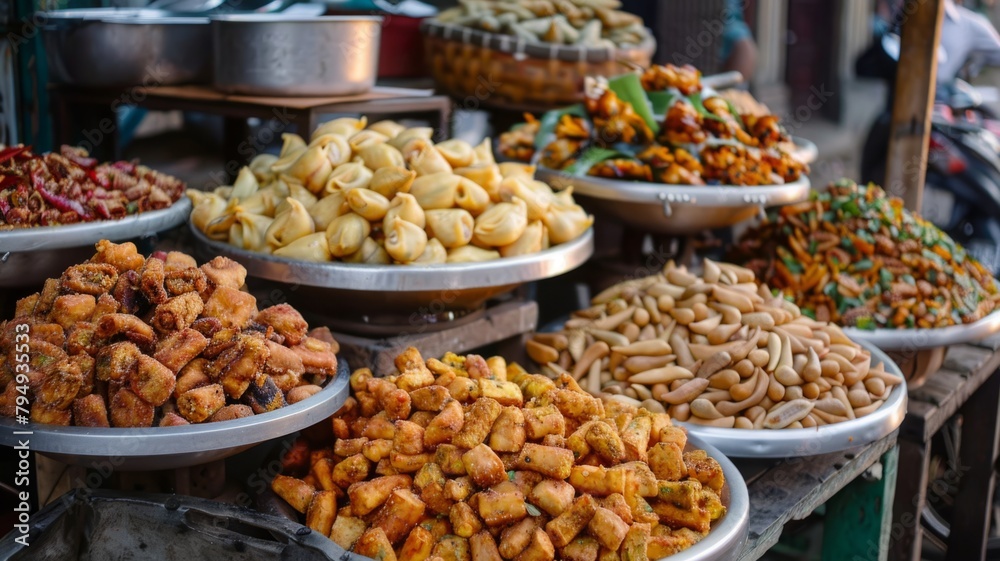 Vibrant Asian Street Food Variety on Display - A high-definition photo capturing the essence of an Asian street food market with an array of tasty treats
