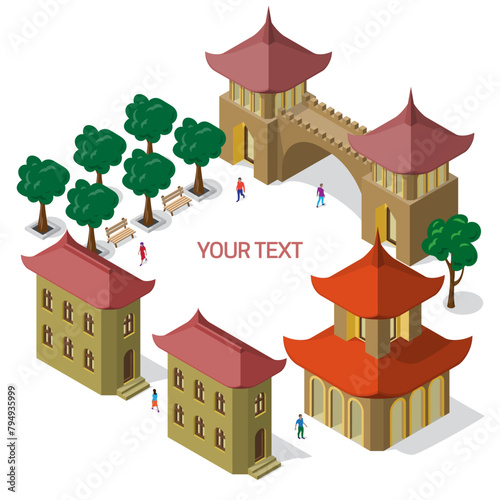 3D frame of isometric models of buildings, trees and people. Set of objects with empty space for text in the middle.