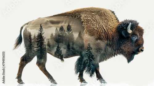 Double exposure closeup of bison with mountain forest overlay design photo