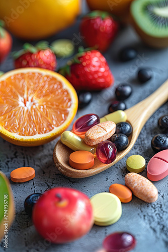 Pills and capsules in wooden spoon with fresh fruits.Multivitamins and supplement from fruits concept
 photo