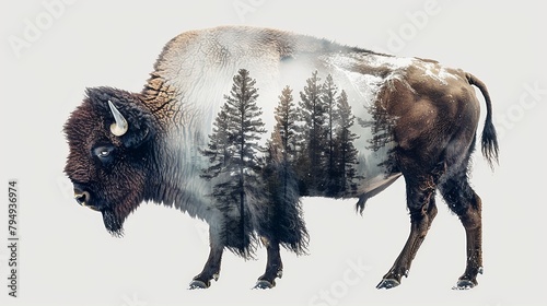 Closeup design of big american bison walking double exposure with mountain landscape and forest overlay isolated