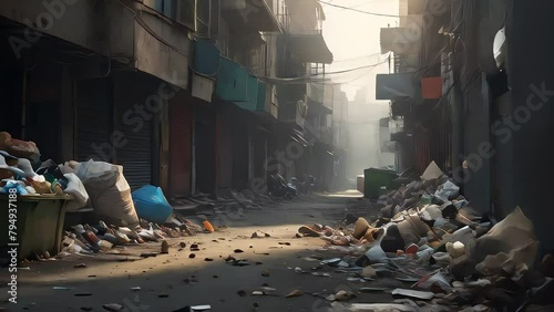 A scene depicting a crowded street littered with garbage, showcasing the violation of environmental regulations and sanitation standards.
 photo