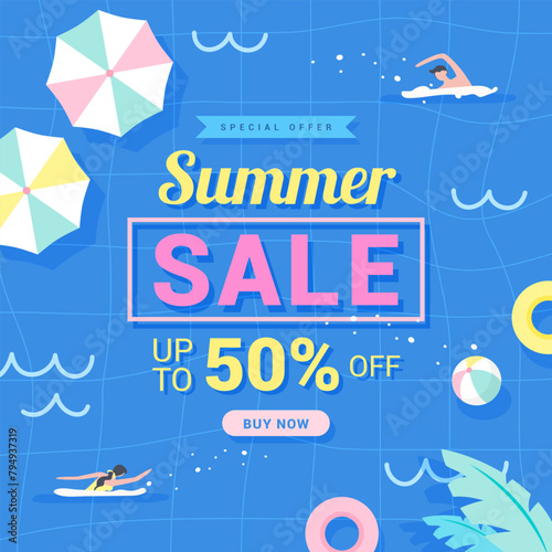 Summer sale 50% off promotion vector design. Swimming pool background
