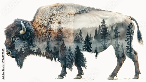 Wild bison roaming double exposure design with mountain landscape forest overlay on white photo