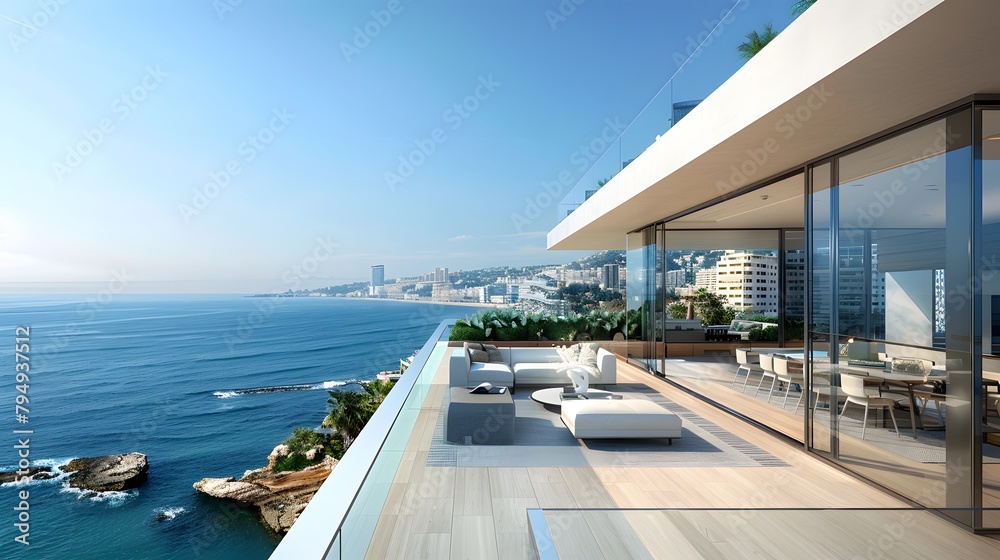 View from luxury apartment to open sea. A spacious balcony with an expansive view of the Mediterranean Sea, offering stunning ocean views from every angle. 