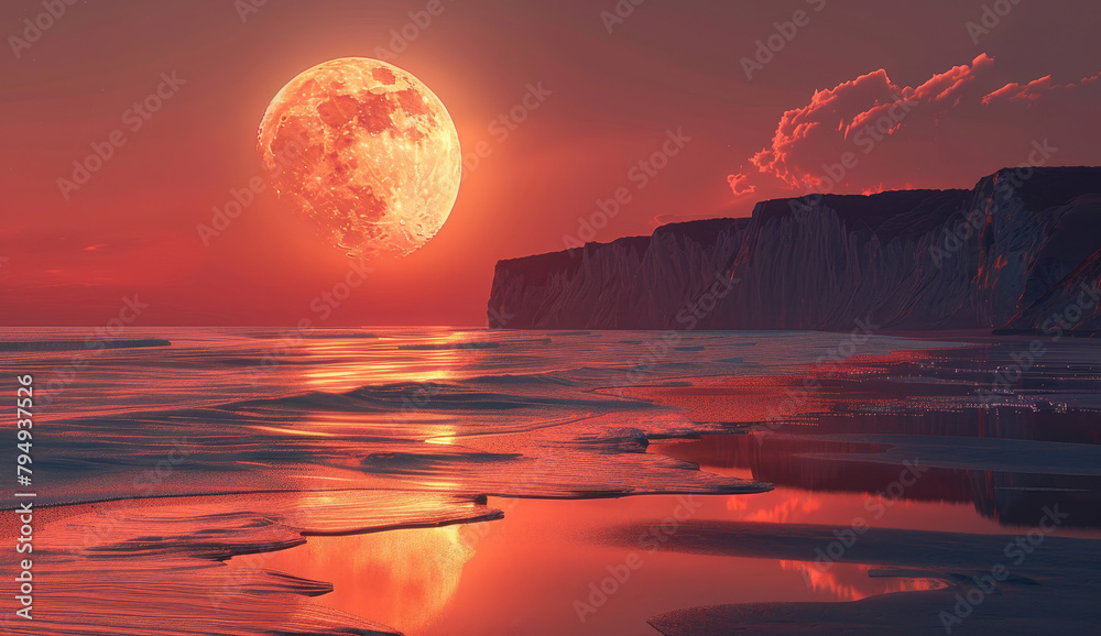 Majestic full moon setting over an ocean with cliffs and vibrant sunset hues Majestic full moon setting over an ocean with cliffs and vibrant sunset hues