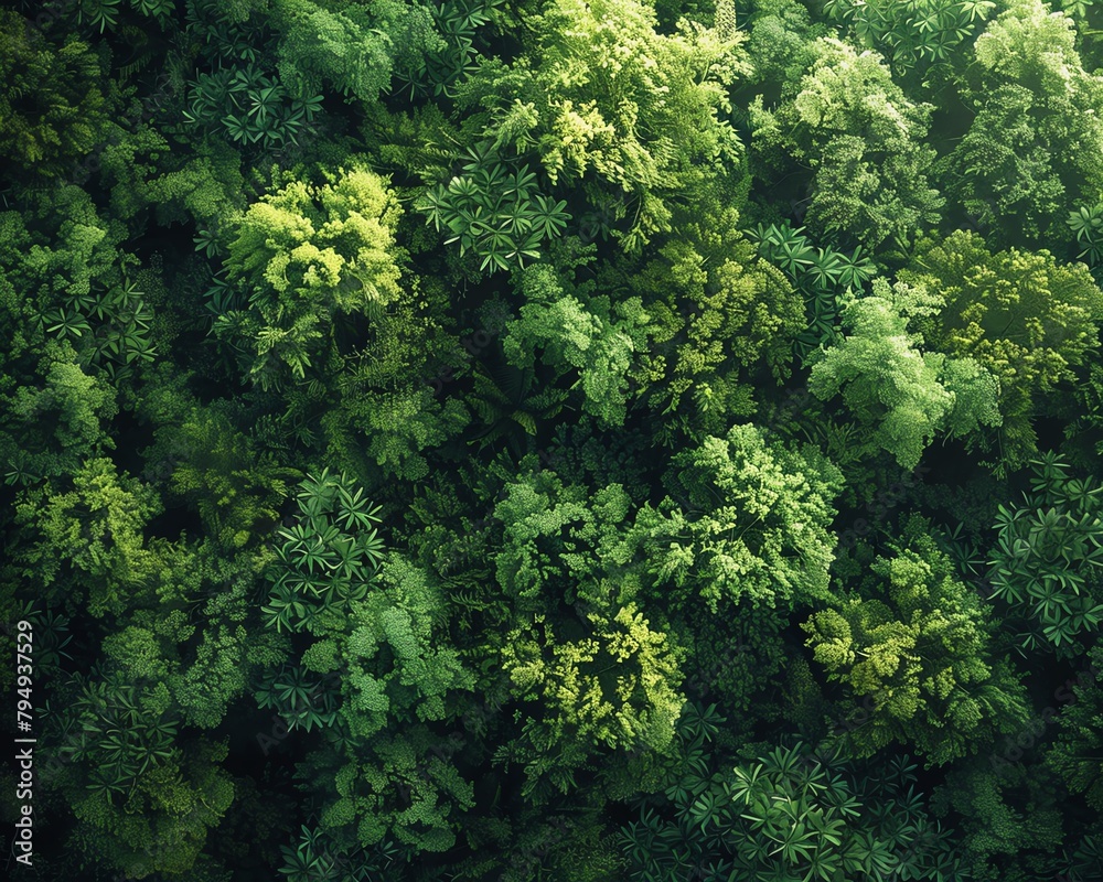Create an abstract representation of a lush, green forest teeming with biodiversity