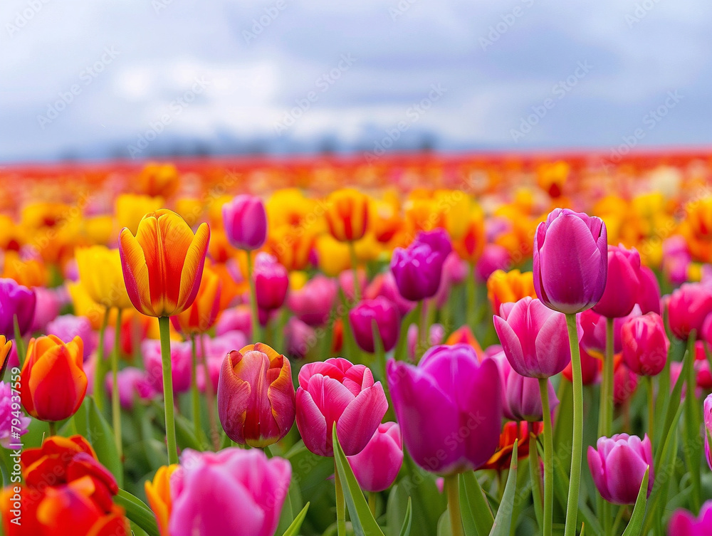 Breathtaking field of vibrant tulips, captured in a raw and stylish way, vibrant colors pop.