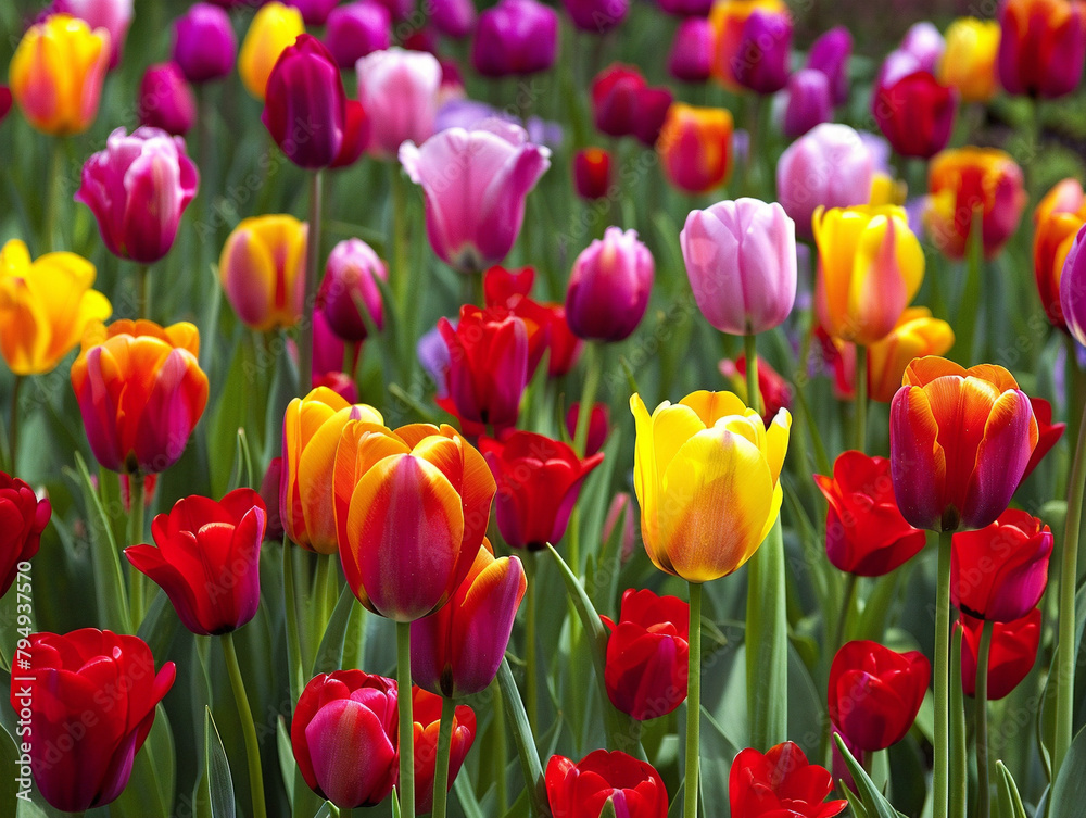 Colorful tulips in a field, vibrant hues, raw natural beauty, breathtaking display of nature.